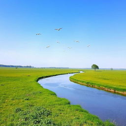 A serene landscape with a clear blue sky, lush green meadows, and a calm river flowing through the middle