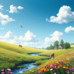 A serene landscape featuring a lush green meadow with colorful wildflowers, a gently flowing stream, and a bright blue sky with fluffy white clouds