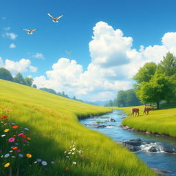 A serene landscape featuring a lush green meadow with colorful wildflowers, a gently flowing stream, and a bright blue sky with fluffy white clouds