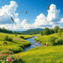 A serene landscape featuring a lush green meadow with colorful wildflowers, a gently flowing stream, and a bright blue sky with fluffy white clouds