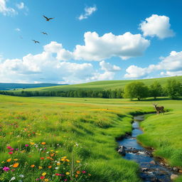 A serene landscape featuring a lush green meadow with colorful wildflowers, a gently flowing stream, and a bright blue sky with fluffy white clouds