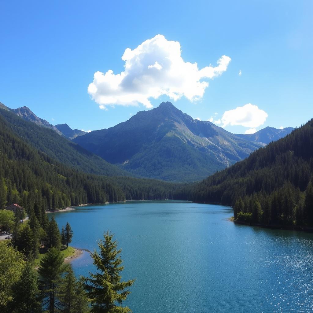 A beautiful landscape featuring a serene lake surrounded by lush green forests and majestic mountains in the background