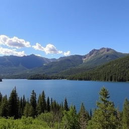 A beautiful landscape featuring a serene lake surrounded by lush green forests and majestic mountains in the background