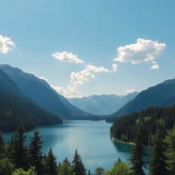 A beautiful landscape featuring a serene lake surrounded by lush green forests and majestic mountains in the background