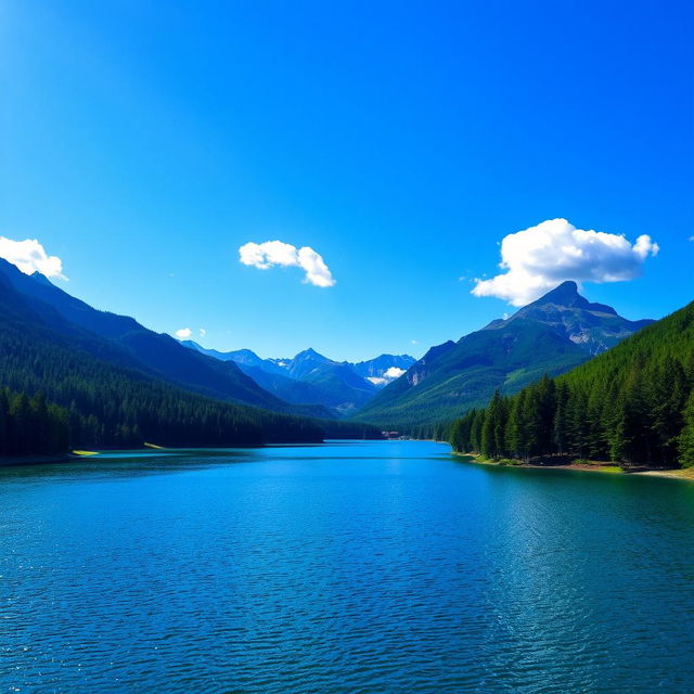 A beautiful landscape featuring a serene lake surrounded by lush green forests and majestic mountains in the background