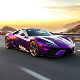 Create an image of a sleek, modern sports car in a vibrant purple color with carbon