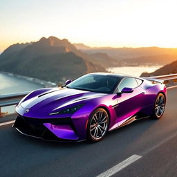 Create an image of a sleek, modern sports car in a vibrant purple color with carbon