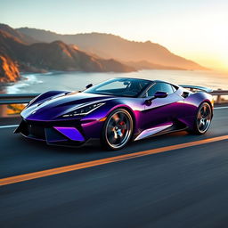 Create an image of a sleek, modern sports car in a vibrant purple color with carbon