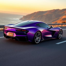 Create an image of a sleek, modern sports car in a vibrant purple color with carbon