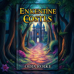 Create a book cover featuring an enchanting forest with a mysterious path leading to a hidden castle