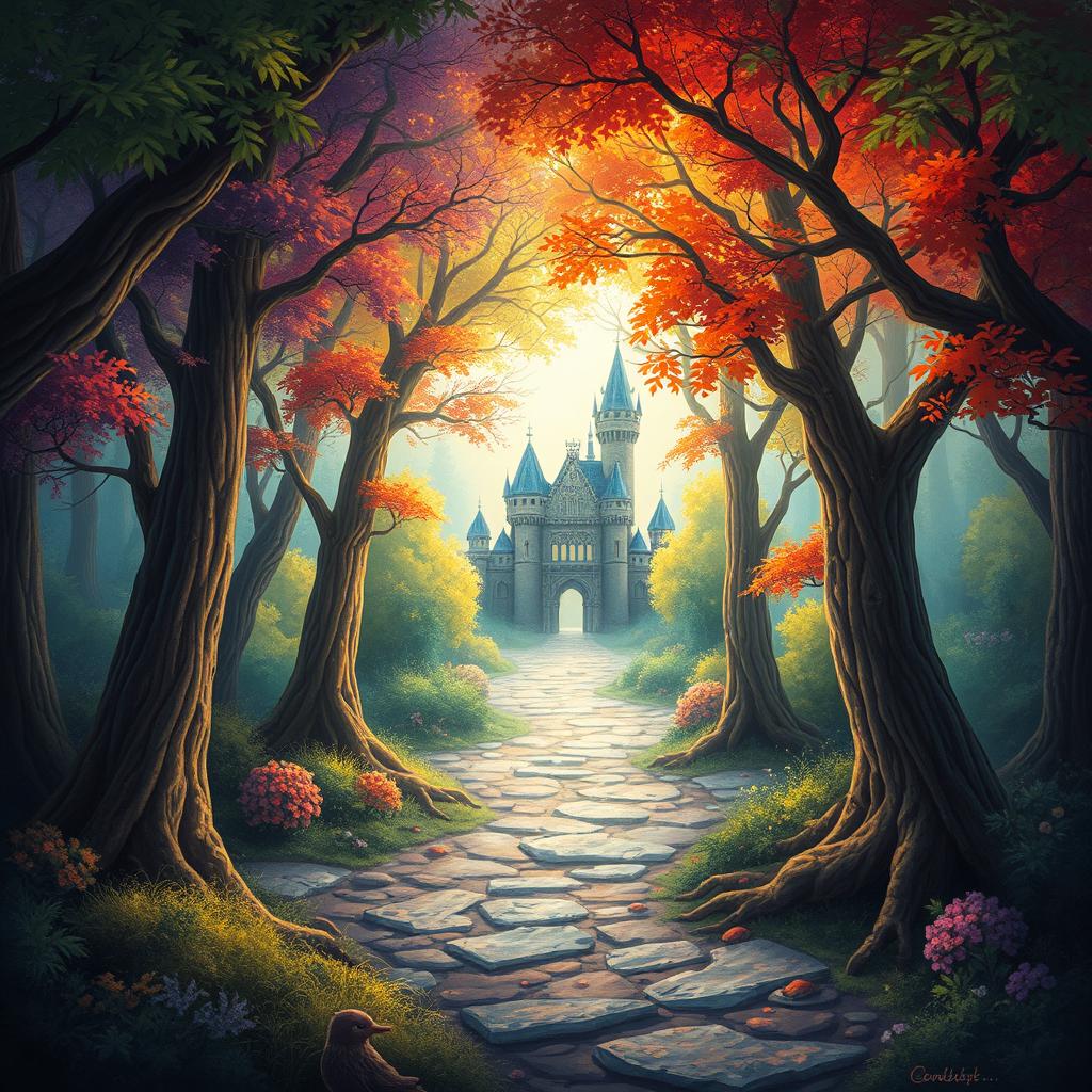 Create a book cover featuring an enchanting forest with a mysterious path leading to a hidden castle