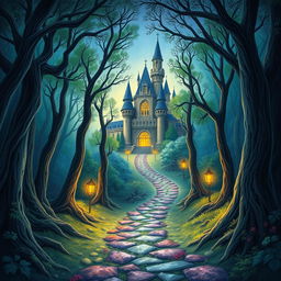 Create a book cover featuring an enchanting forest with a mysterious path leading to a hidden castle