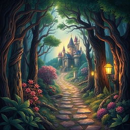 Create a book cover featuring an enchanting forest with a mysterious path leading to a hidden castle