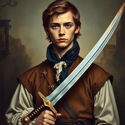 An old-fashioned portrait of a young man holding a sword