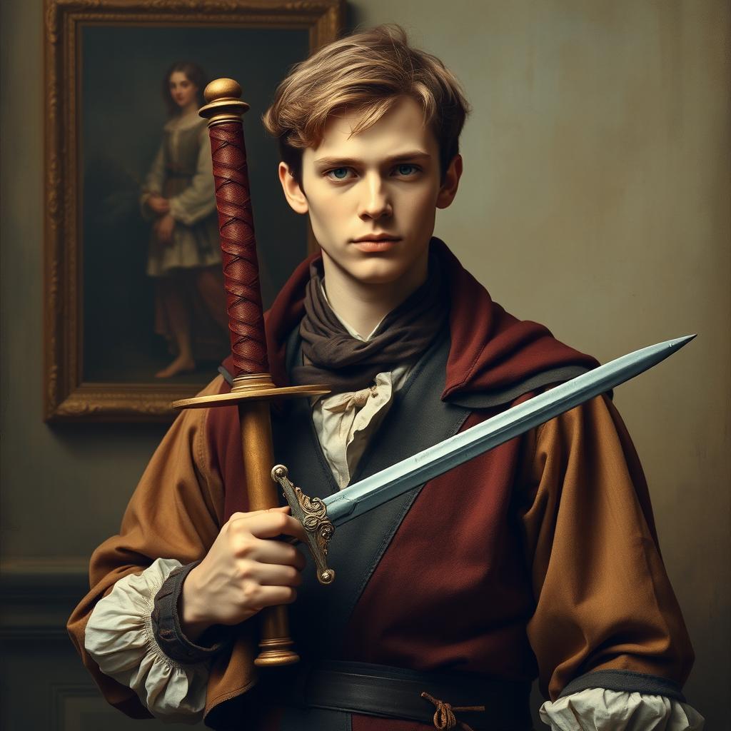 An old-fashioned portrait of a young man holding a sword