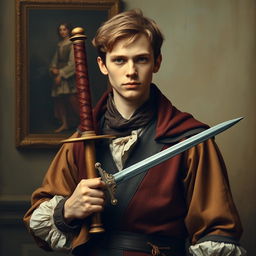 An old-fashioned portrait of a young man holding a sword