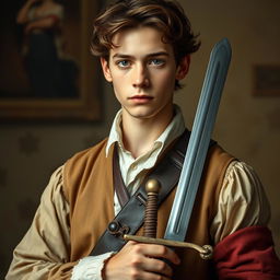 An old-fashioned portrait of a young man holding a sword