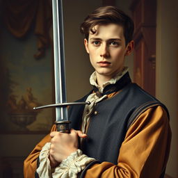 An old-fashioned portrait of a young man holding a sword