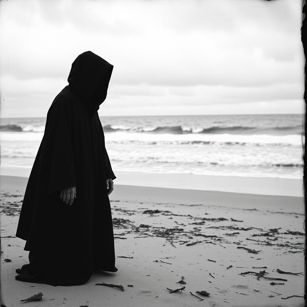 An old black and white photograph of a figure in a black hooded robe standing on a bleak, barren beach with the sea behind them