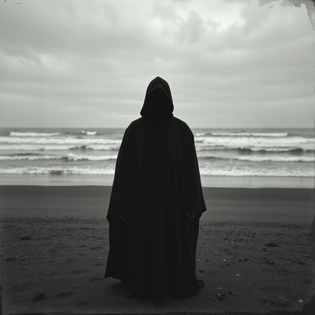 An old black and white photograph of a figure in a black hooded robe standing on a bleak, barren beach with the sea behind them