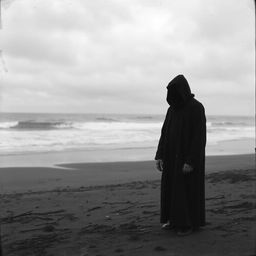 An old black and white photograph of a figure in a black hooded robe standing on a bleak, barren beach with the sea behind them