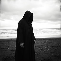 An old black and white photograph of a figure in a black hooded robe standing on a bleak, barren beach with the sea behind them