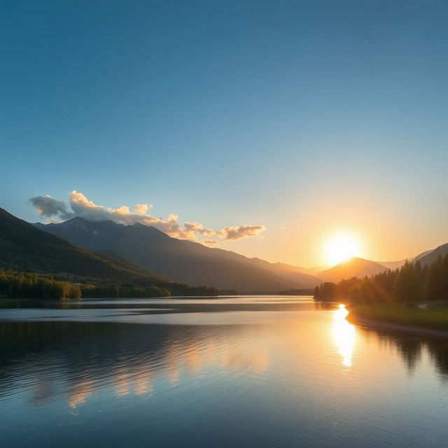 A beautiful and serene landscape featuring a calm lake surrounded by lush greenery and majestic mountains in the distance