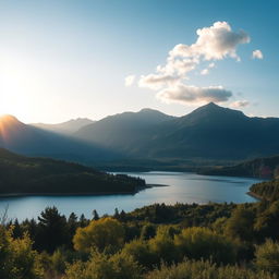 A beautiful and serene landscape featuring a calm lake surrounded by lush greenery and majestic mountains in the distance