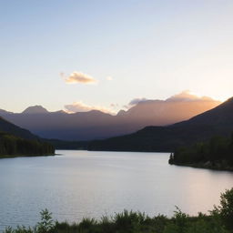 A beautiful and serene landscape featuring a calm lake surrounded by lush greenery and majestic mountains in the distance