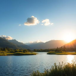 A beautiful and serene landscape featuring a calm lake surrounded by lush greenery and majestic mountains in the distance