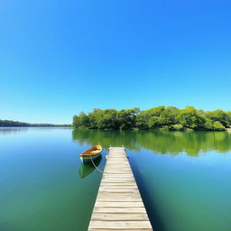 A serene landscape featuring a clear blue sky, a calm lake reflecting the sky, and lush green trees surrounding the lake