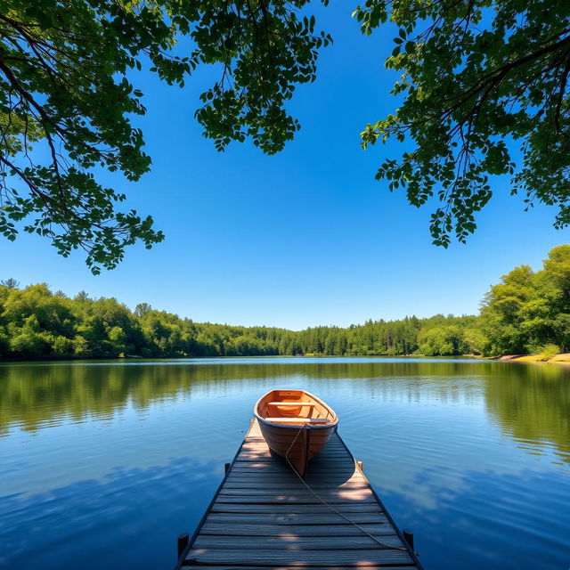 A serene landscape featuring a clear blue sky, a calm lake reflecting the sky, and lush green trees surrounding the lake