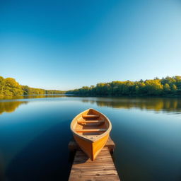 A serene landscape featuring a clear blue sky, a calm lake reflecting the sky, and lush green trees surrounding the lake