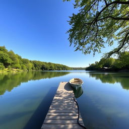 A serene landscape featuring a clear blue sky, a calm lake reflecting the sky, and lush green trees surrounding the lake