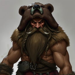 A half-orc with long hair and a big beard, wearing a bear skin on his head and shoulders, along with a fur loincloth