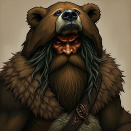 A half-orc with long hair and a big beard, wearing a bear skin on his head and shoulders, along with a fur loincloth