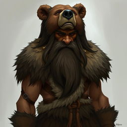 A half-orc with long hair and a big beard, wearing a bear skin on his head and shoulders, along with a fur loincloth
