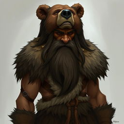 A half-orc with long hair and a big beard, wearing a bear skin on his head and shoulders, along with a fur loincloth