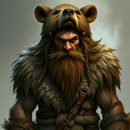 A half-orc with long hair and a big beard, wearing a bear skin on his head and shoulders, along with a fur loincloth