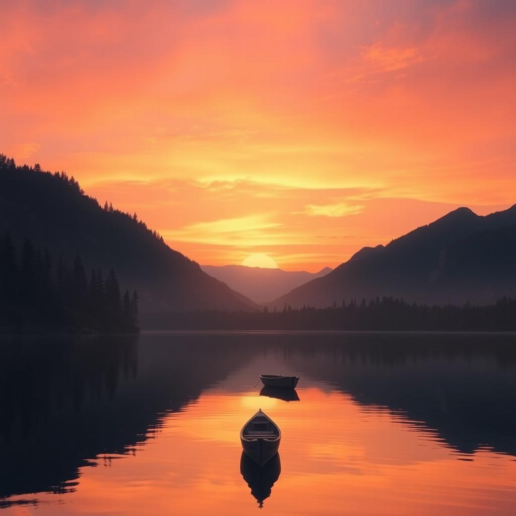 A serene landscape featuring a beautiful sunset over a calm lake, with trees and mountains in the background