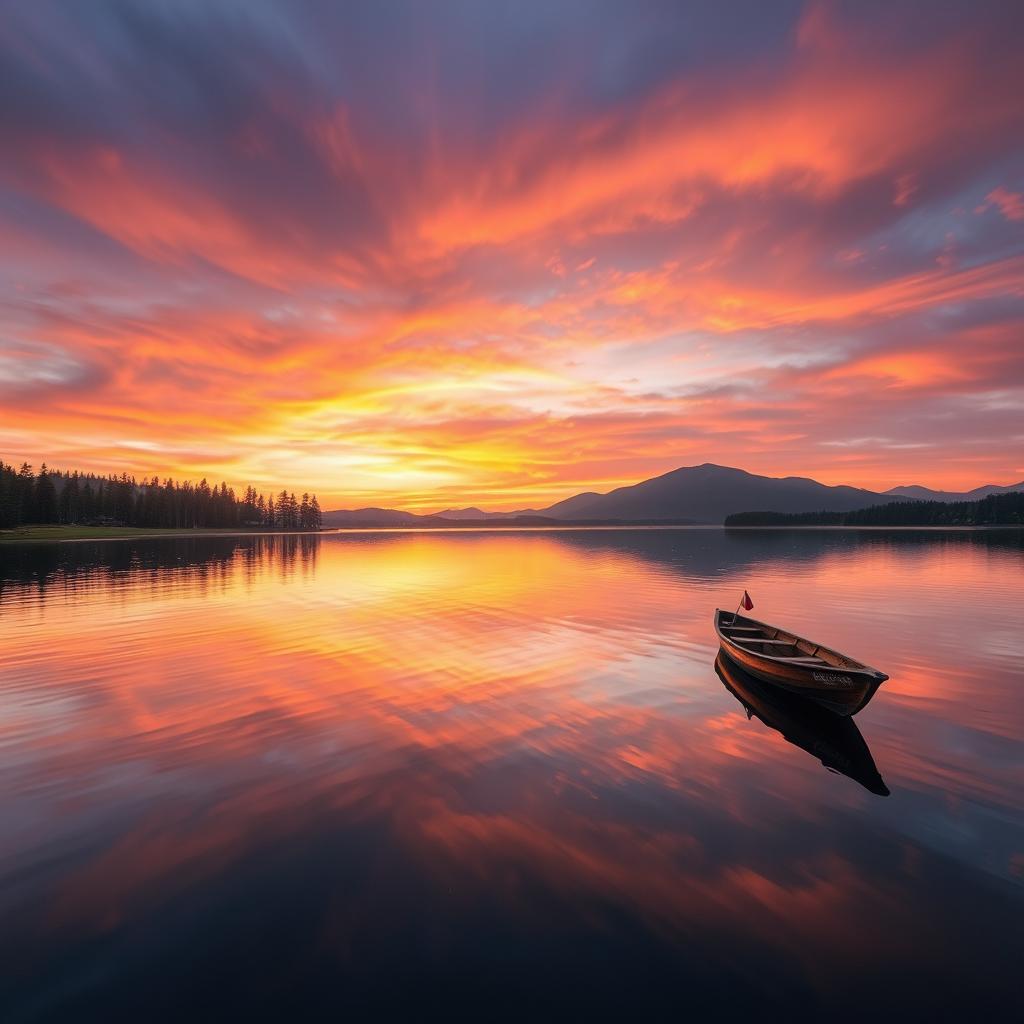 A serene landscape featuring a beautiful sunset over a calm lake, with trees and mountains in the background