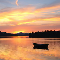 A serene landscape featuring a beautiful sunset over a calm lake, with trees and mountains in the background