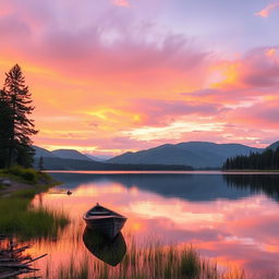 A serene landscape featuring a beautiful sunset over a calm lake, with trees and mountains in the background