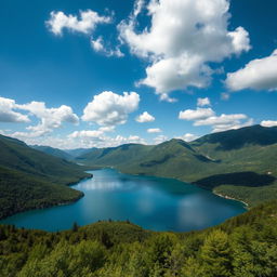 A beautiful landscape featuring a serene lake surrounded by lush green mountains under a clear blue sky with fluffy white clouds