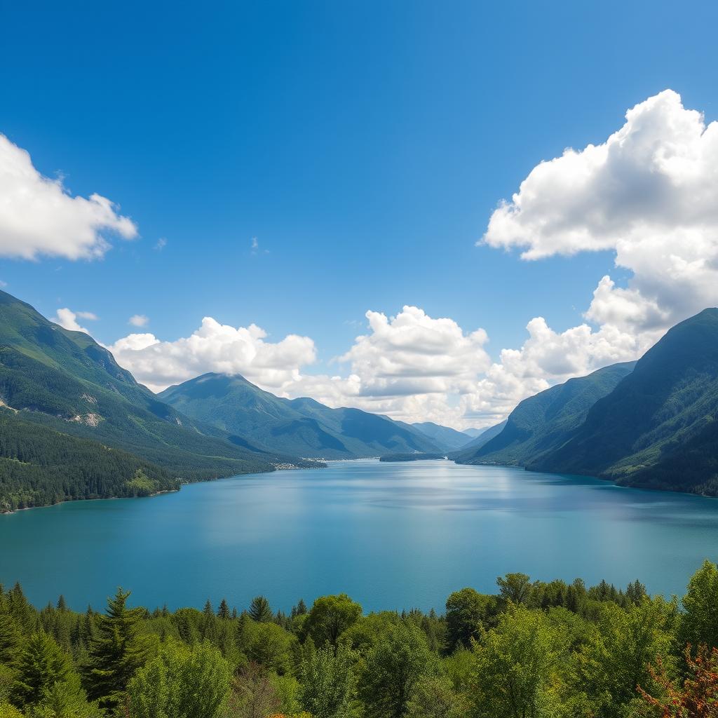 A beautiful landscape featuring a serene lake surrounded by lush green mountains under a clear blue sky with fluffy white clouds