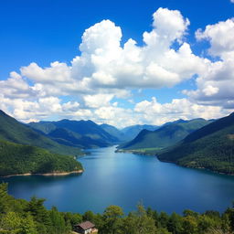 A beautiful landscape featuring a serene lake surrounded by lush green mountains under a clear blue sky with fluffy white clouds