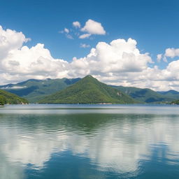 A beautiful landscape featuring a serene lake surrounded by lush green mountains under a clear blue sky with fluffy white clouds