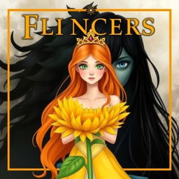 Create a book cover featuring a princess with orange hair and green eyes, born of a sunflower, symbolizing peace and love