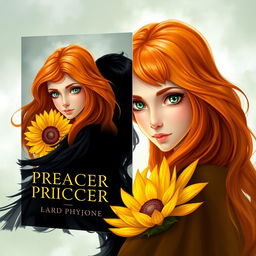 Create a book cover featuring a princess with orange hair and green eyes, born of a sunflower, symbolizing peace and love