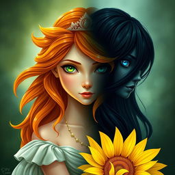 Create a book cover featuring a princess with orange hair and green eyes, born of a sunflower, symbolizing peace and love